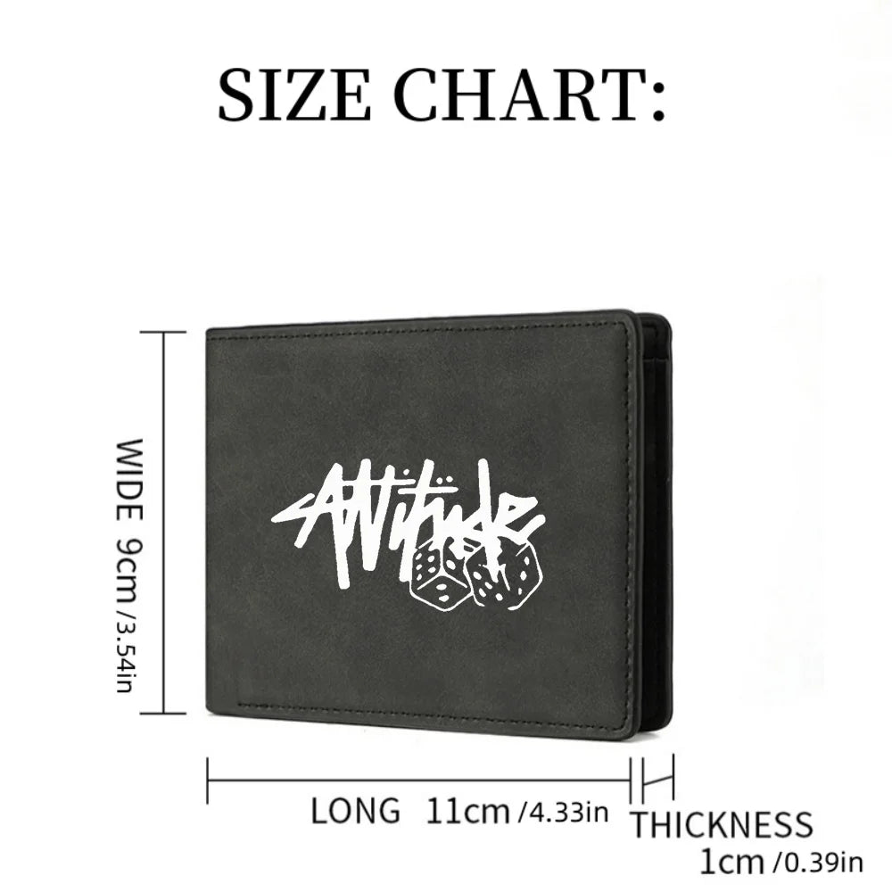 Black PU leather wallet showing a white stylized cartoon print and dimensions.