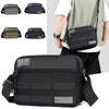 A black durable nylon shoulder bag shown in various views and a person carrying it.