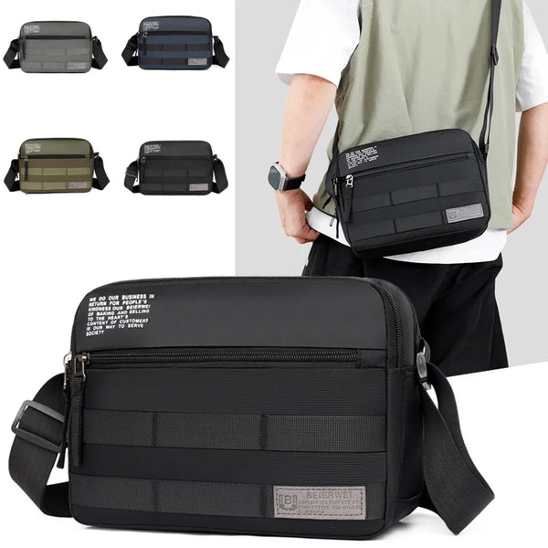 Schwarze strapazierfähige Nylon-Schultertasche in verschiedenen Ansichten und eine Person, die sie trägt.