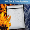 A white document bag is shown against a background of fire and water splashes, demonstrating its fire and water resistance.