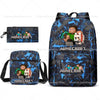 A dark blue Minecraft themed backpack featuring printed designs of Minecraft characters.