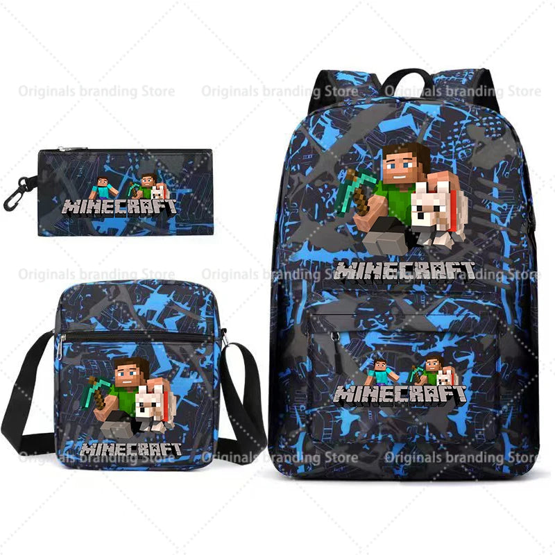 A dark blue Minecraft themed backpack featuring printed designs of Minecraft characters.