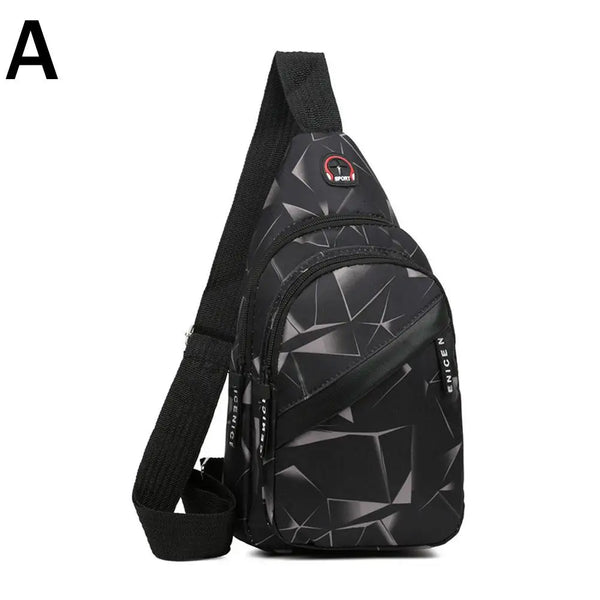 Black waterproof crossbody chest bag for men with a geometric pattern