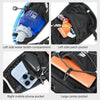 Various pockets and compartments on a black running vest showing water bottle, patch pocket, mobile phone pocket, and large c