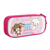 Pink pencil case featuring cute animal designs and birthday candles