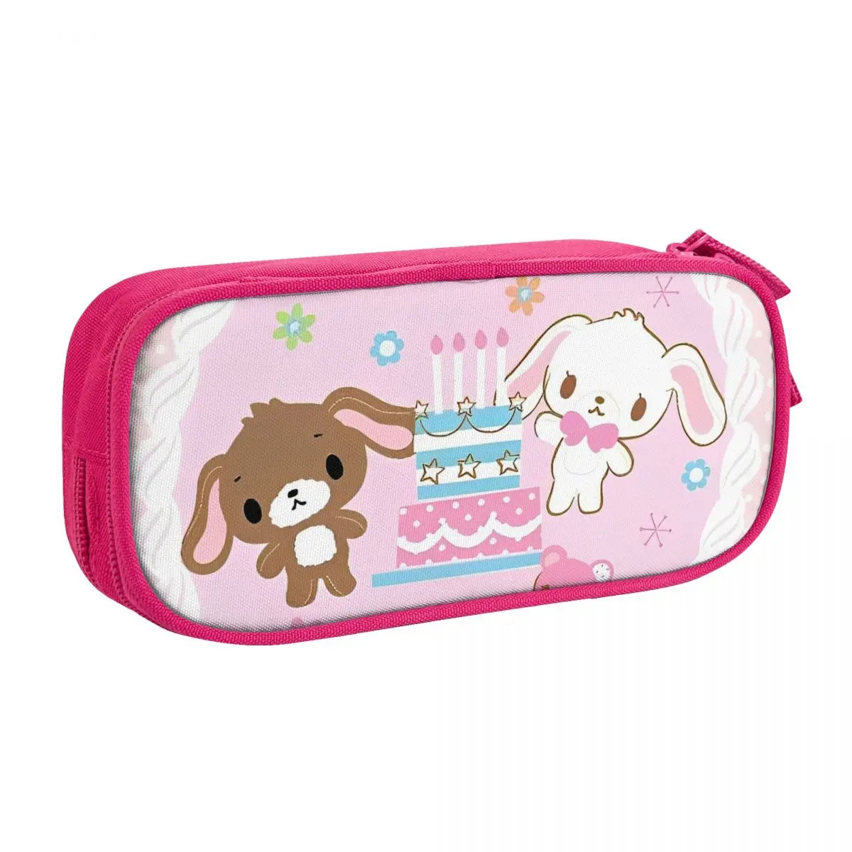 Pink pencil case featuring cute animal designs and birthday candles