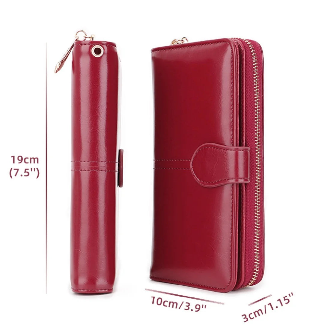 A maroon wax leather long wallet with a wrist strap shown in profile.