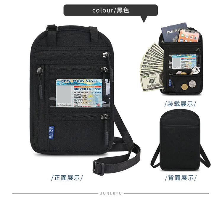 Black RFID blocking travel passport holder shown from the front and back.