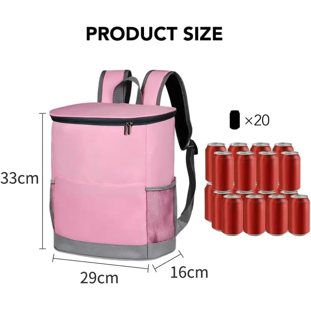 Pink insulated cooler backpack with straps and a compartment for 20 cans.