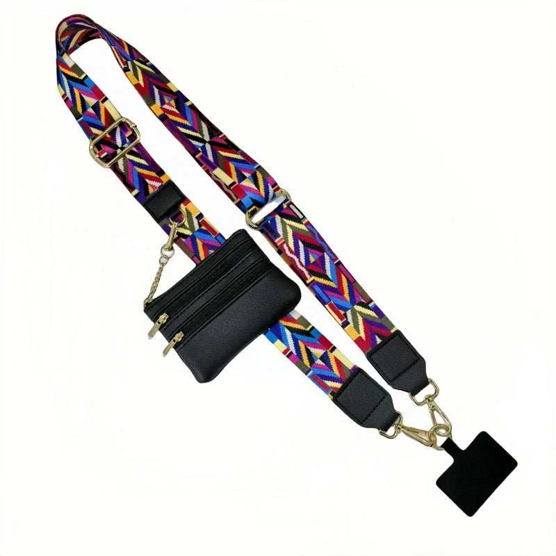 A colorful patterned lanyard with a black leather wallet attached, designed for hands-free phone carrying.