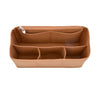 A tan felt insert liner designed for handbags, showing multiple compartments.