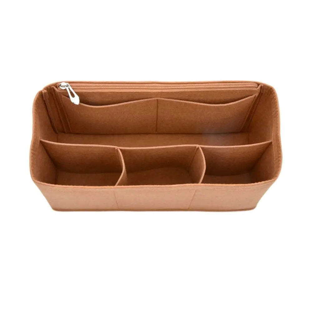 A tan felt insert liner designed for handbags, showing multiple compartments.