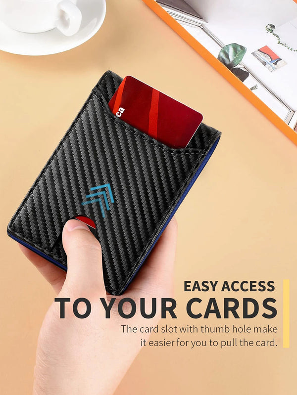 A hand holds a black carbon fiber wallet with a red card slot, demonstrating easy access to cards.