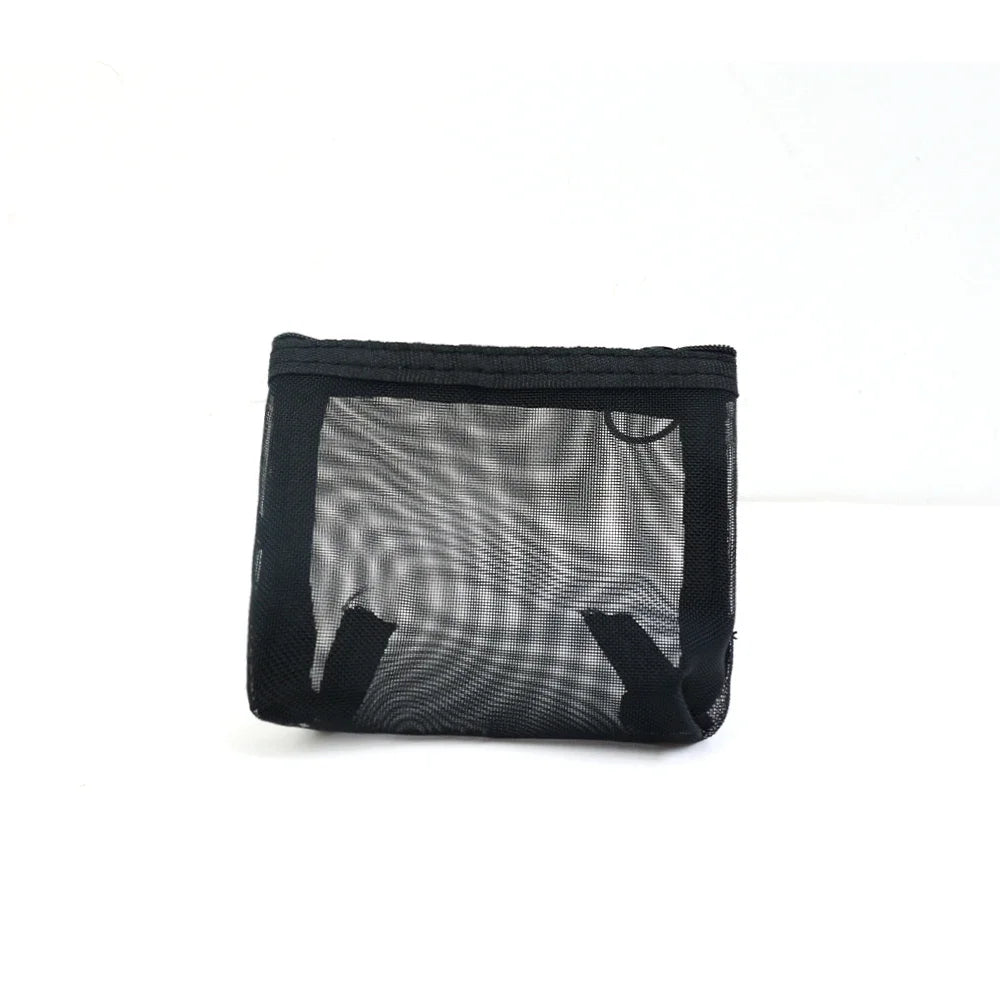 Black mesh travel cosmetic storage pouch with a drawstring closure