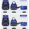 A set of blue starry sky backpacks, a meal package, and a pen case for kids.