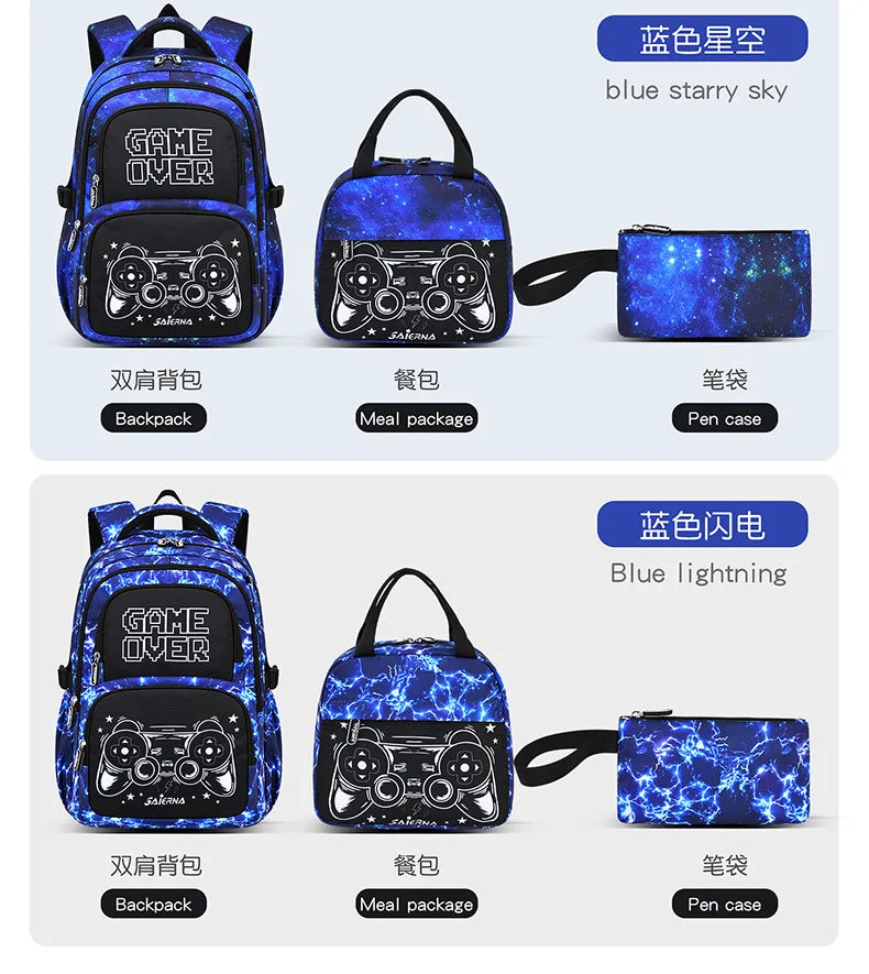 A set of blue starry sky backpacks, a meal package, and a pen case for kids.