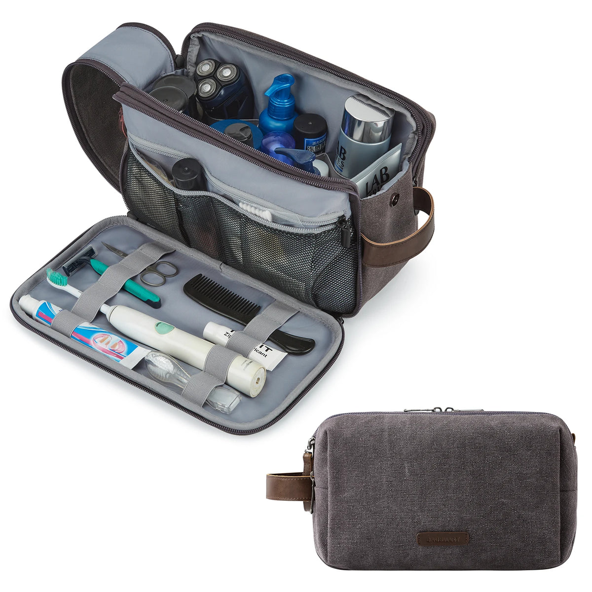 A large capacity multifunction cosmetic toiletry bag in gray and brown leather with various grooming tools inside.