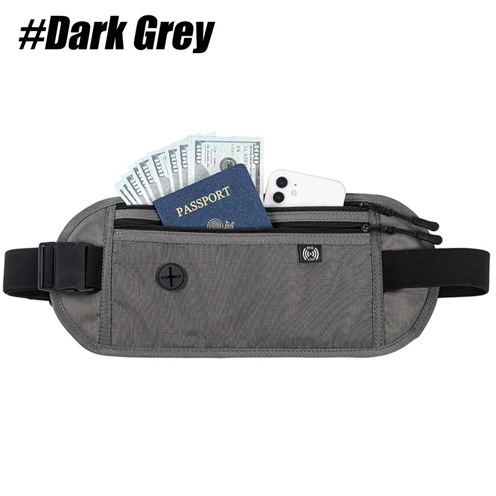A dark grey RFID blocking anti-theft money belt with a zippered compartment holding cash and a passport.