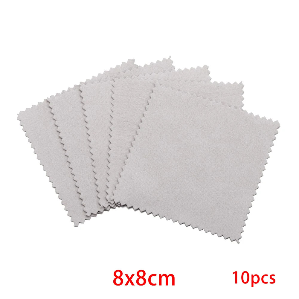 A stack of ten gray polishing cloths, measuring 8x8cm each.