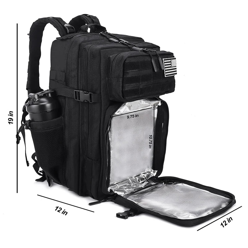 Black tactical hiking and gym backpack with a silver interior and American flag patch