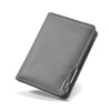 A slim vertical men's card wallet in a gray textured leather material.