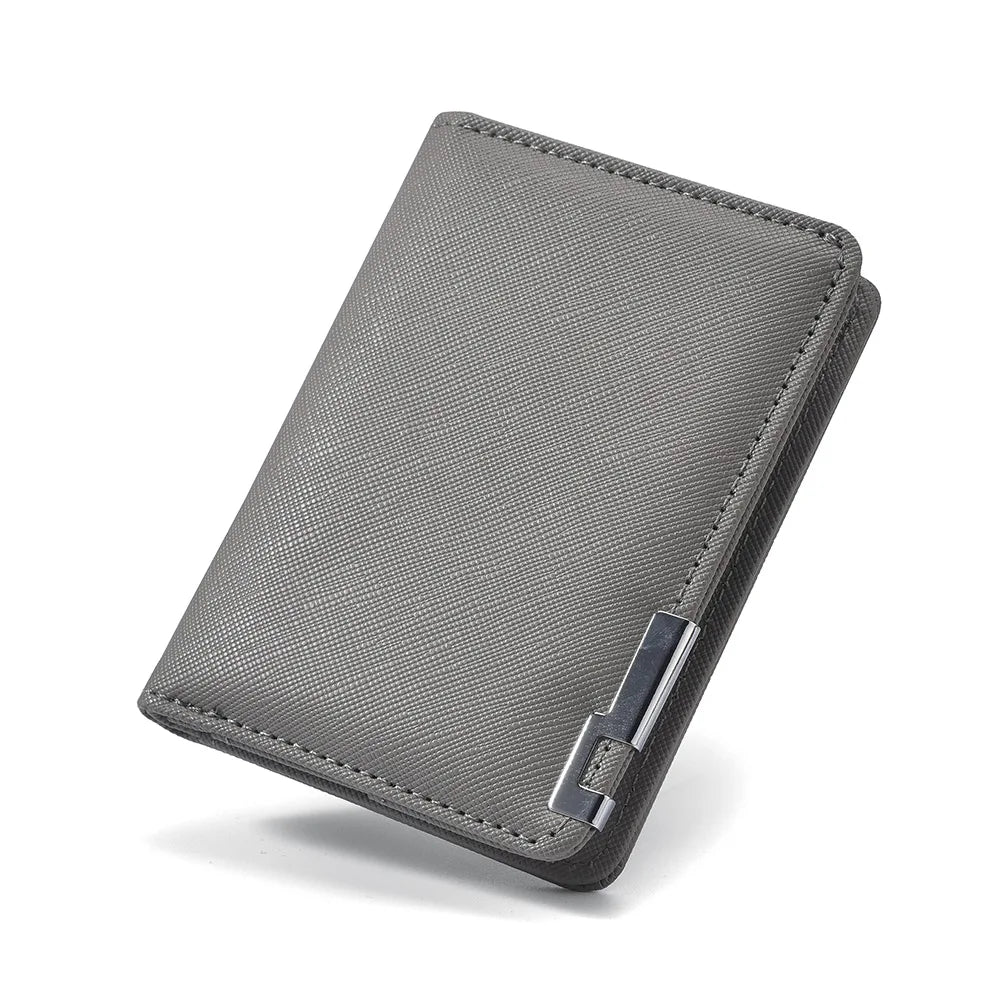 A slim vertical men's card wallet in a gray textured leather material.