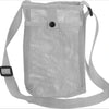 A gray mesh crossbody sling bag designed to carry a water bottle.