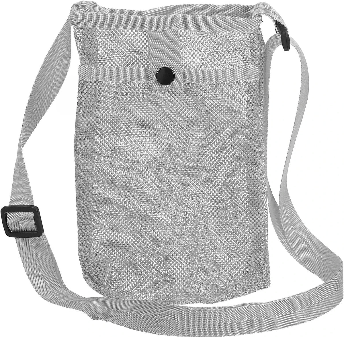 A gray mesh crossbody sling bag designed to carry a water bottle.
