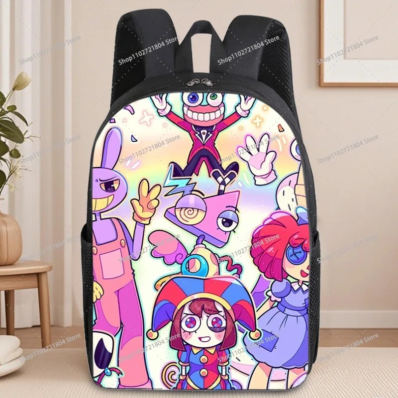 A black backpack featuring an anime print of colorful characters and lightning effects.