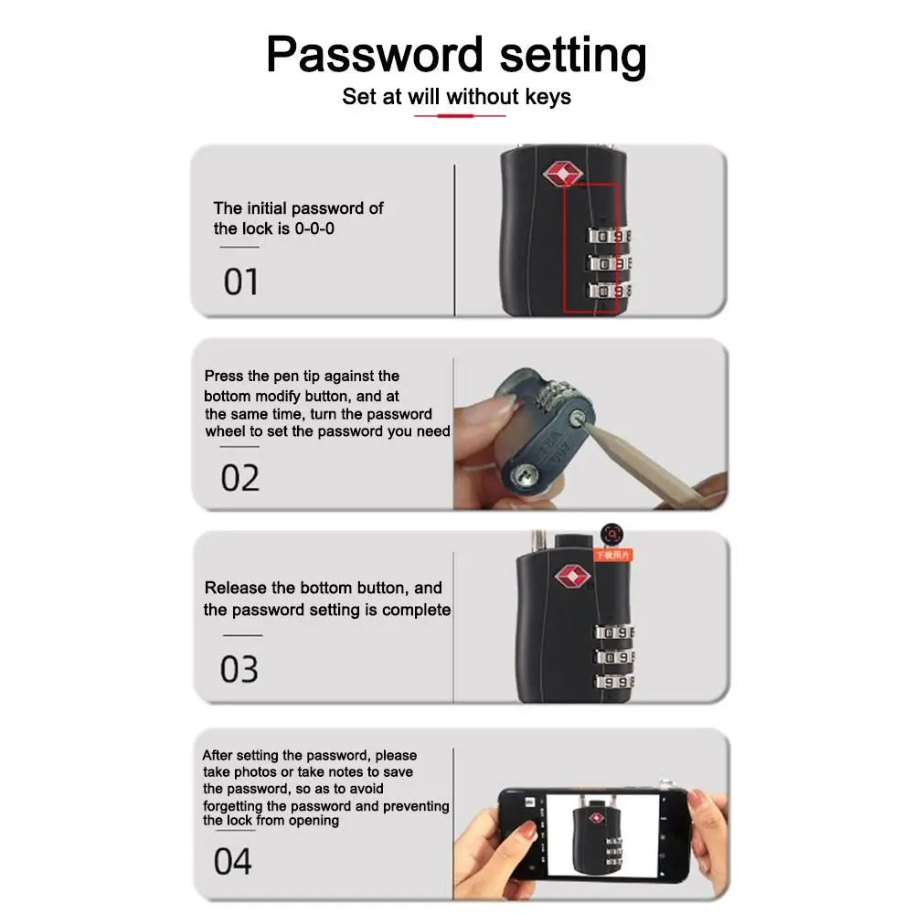 A four-step guide showing how to set the password on a TSA-approved 3-dial combination cable lock for luggage.