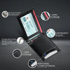 A black carbon fiber wallet displaying various RFID protection features like blocking technology and card storage slots.
