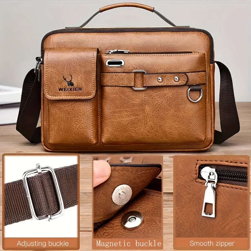 Sac bandoulière en cuir faux marron avec boucle réglable et fermeture éclair lisse