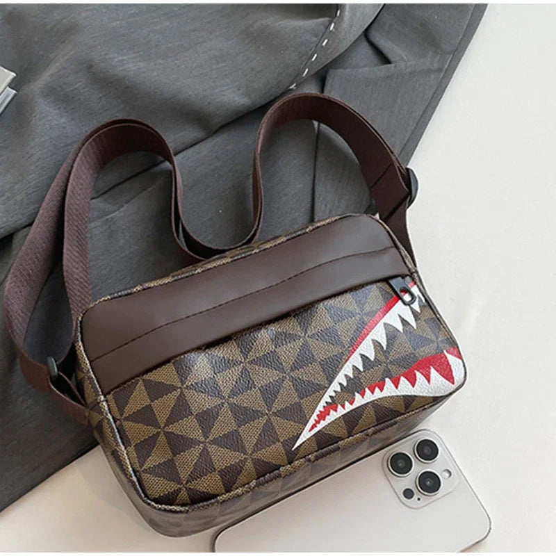 A brown leather crossbody coin purse and mobile phone bag with a geometric pattern resting on a white surface.