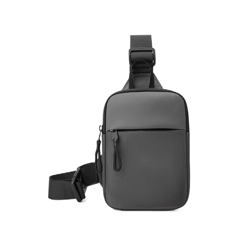 Black Oxford chest bag for men with a shoulder strap and adjustable buckle.