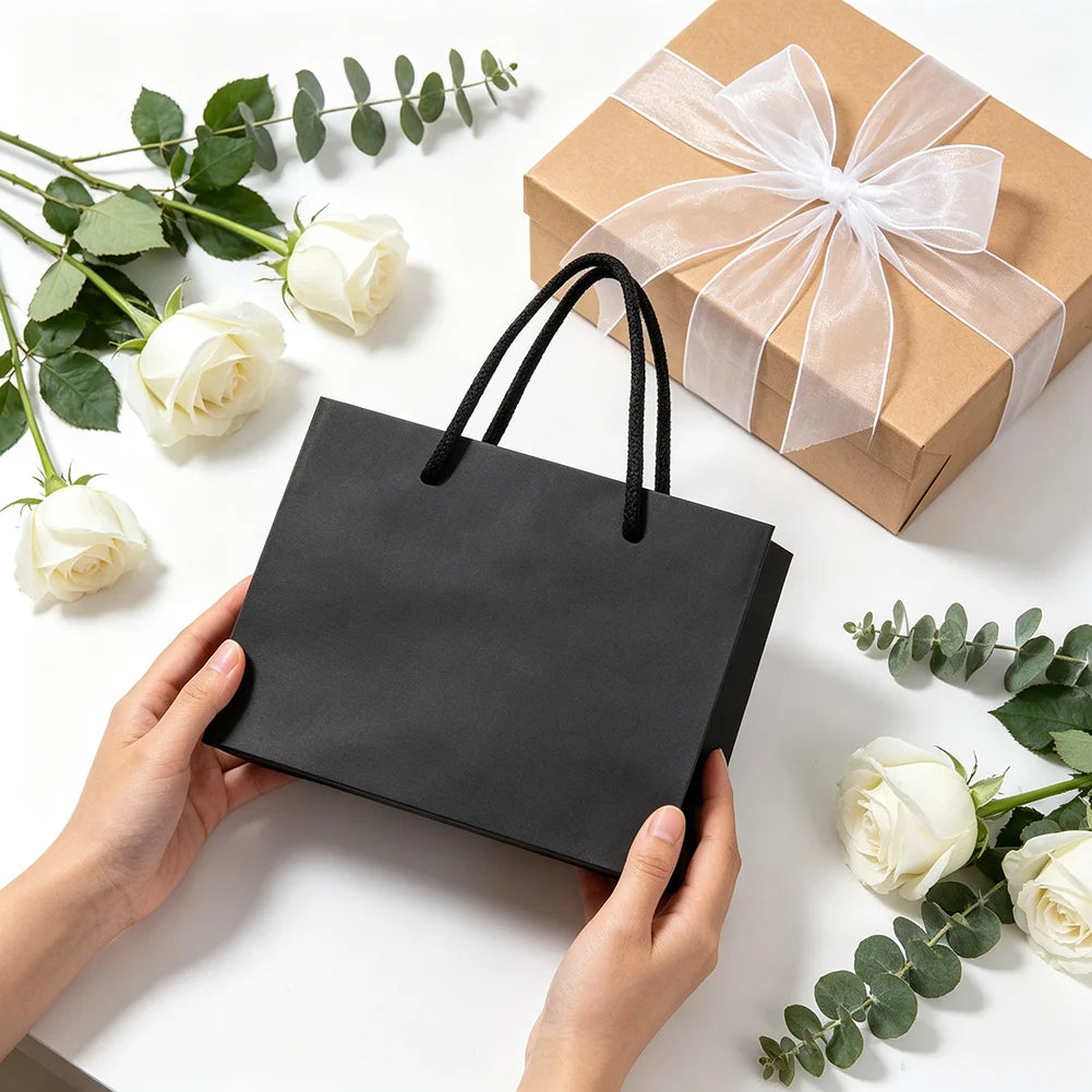 Manos sosteniendo una bolsa de regalo de papel negro grueso junto a un regalo envuelto y rosas.