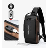 A black anti-theft lock chest bag with a leather strap and USB charging cable shown next to a smartphone.