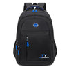 Black unisex double-shoulder travel backpack with blue accents and a flap closure.