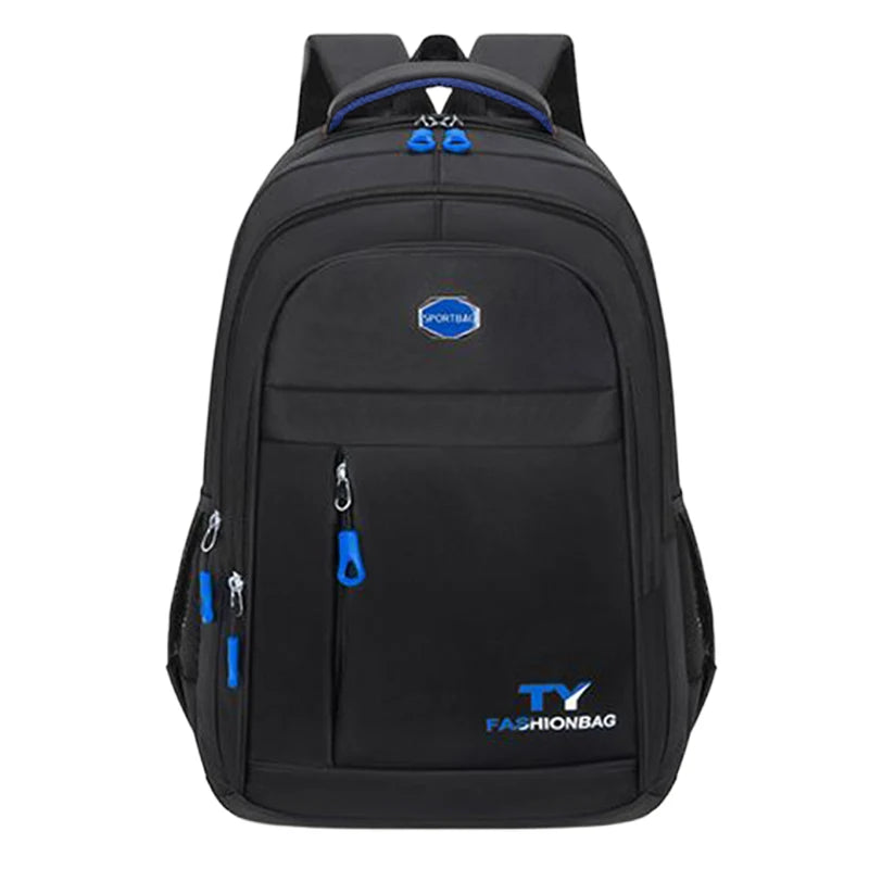 Black unisex double-shoulder travel backpack with blue accents and a flap closure.