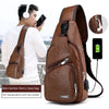 A brown leather men's chest bag is shown next to a man using it, with an inset showing the headphone port.