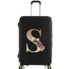 Black premium elastic luggage protective cover with a large gold initial S and floral accents