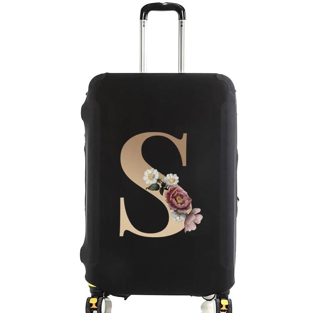 Black premium elastic luggage protective cover with a large gold initial S and floral accents