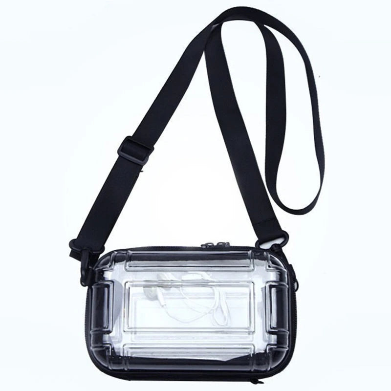 A clear plastic shoulder crossbody cosmetic bag with a black strap.