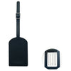 A dark blue PU leather luggage tag with a black strap and a rectangular ID card holder.