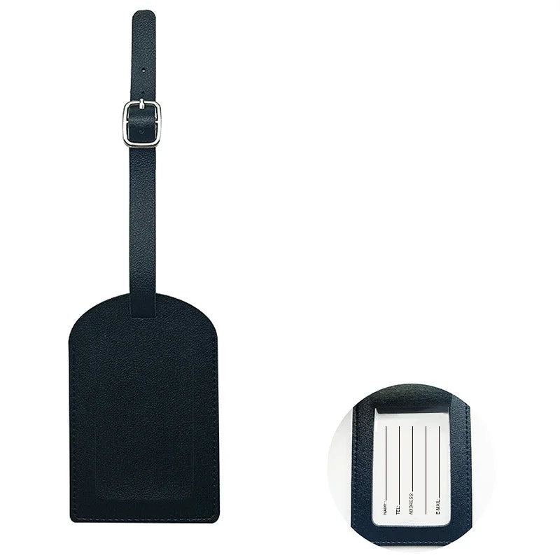 A dark blue PU leather luggage tag with a black strap and a rectangular ID card holder.