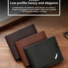 A dark brown leather wallet and money clip displayed on a wooden surface.