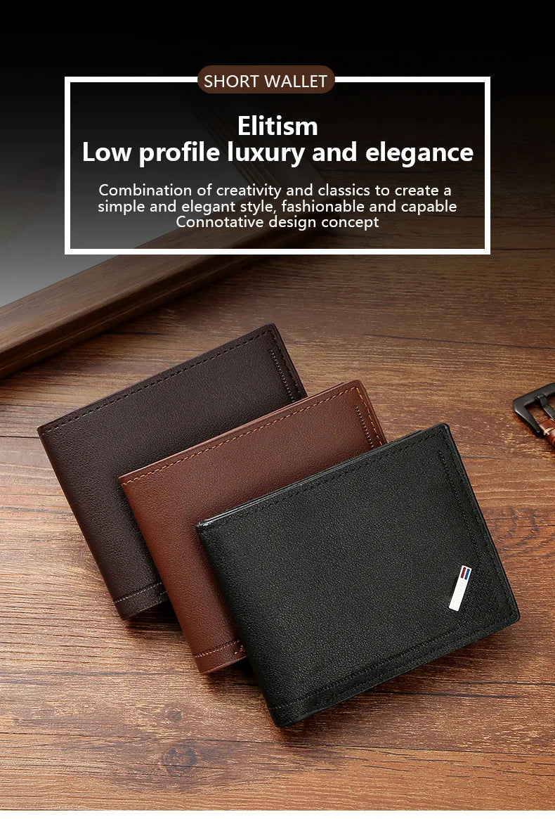 A dark brown leather wallet and money clip displayed on a wooden surface.