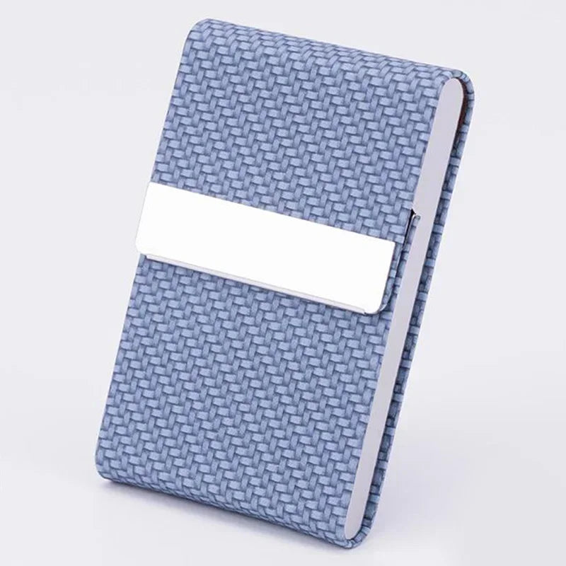 A blue woven texture business card holder with a white card slot.