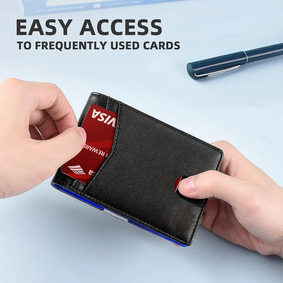 A hand holds a black slim leather wallet with a red and white card inside, demonstrating easy access to frequently used cards