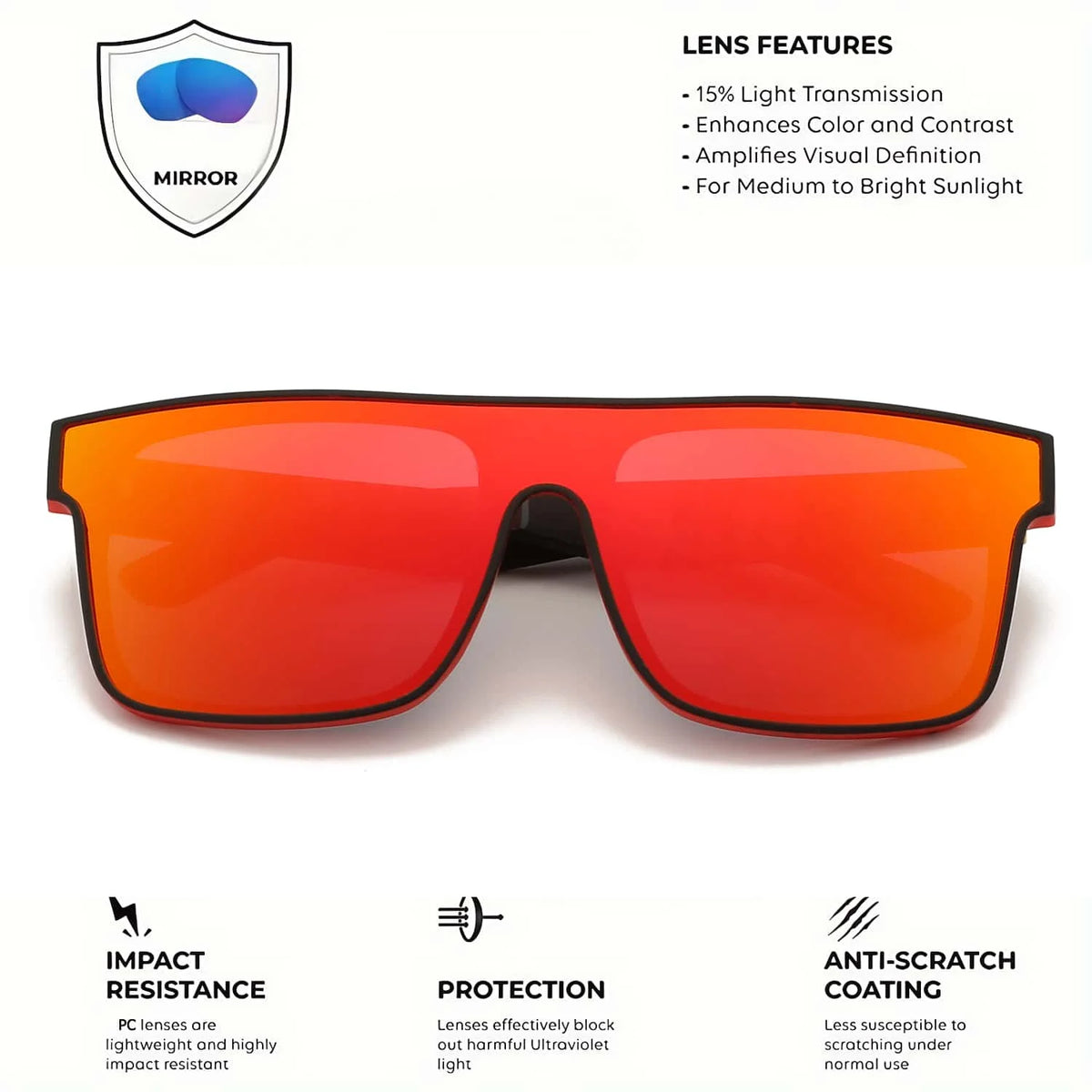 Orange-tinted square sport sunglasses with mirror lenses shown against a white background.