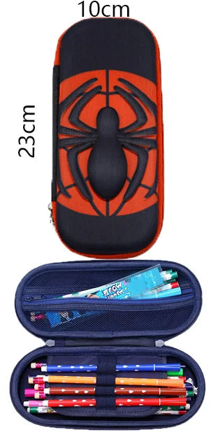 A black and orange fashion kids backpack with a built-in pencil case visible from the top.